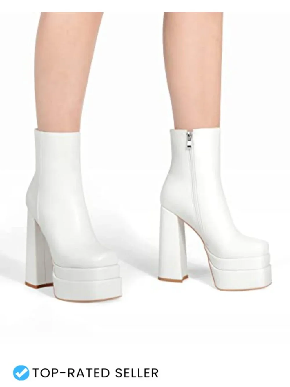 Women's Platform Ankle Boots Chunky Heel Square Toe Side Zipper Faux Leather
